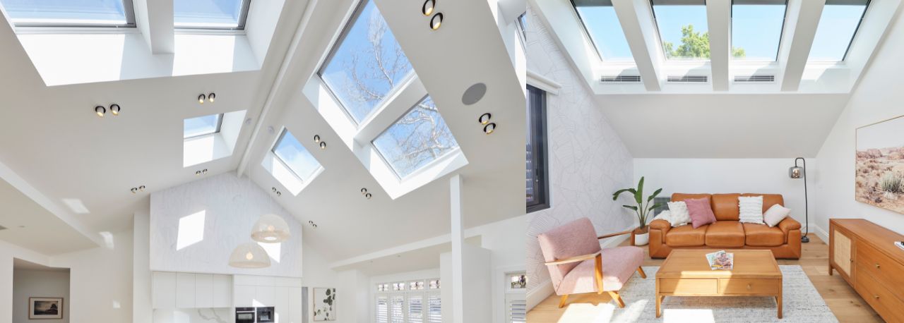 collage of bright rooms with skylight windows